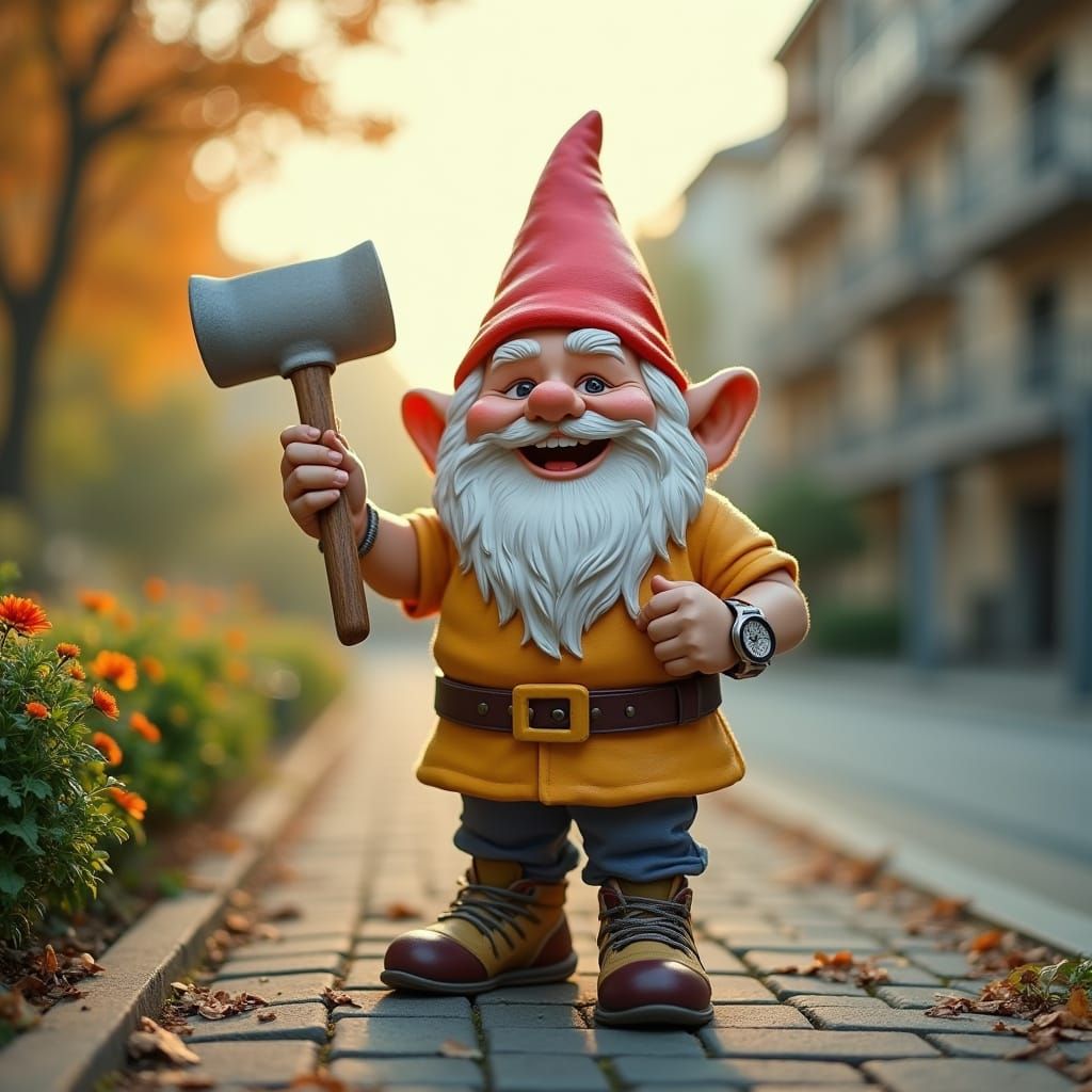 Cheerful Garden Gnome in Double Exposure Scene