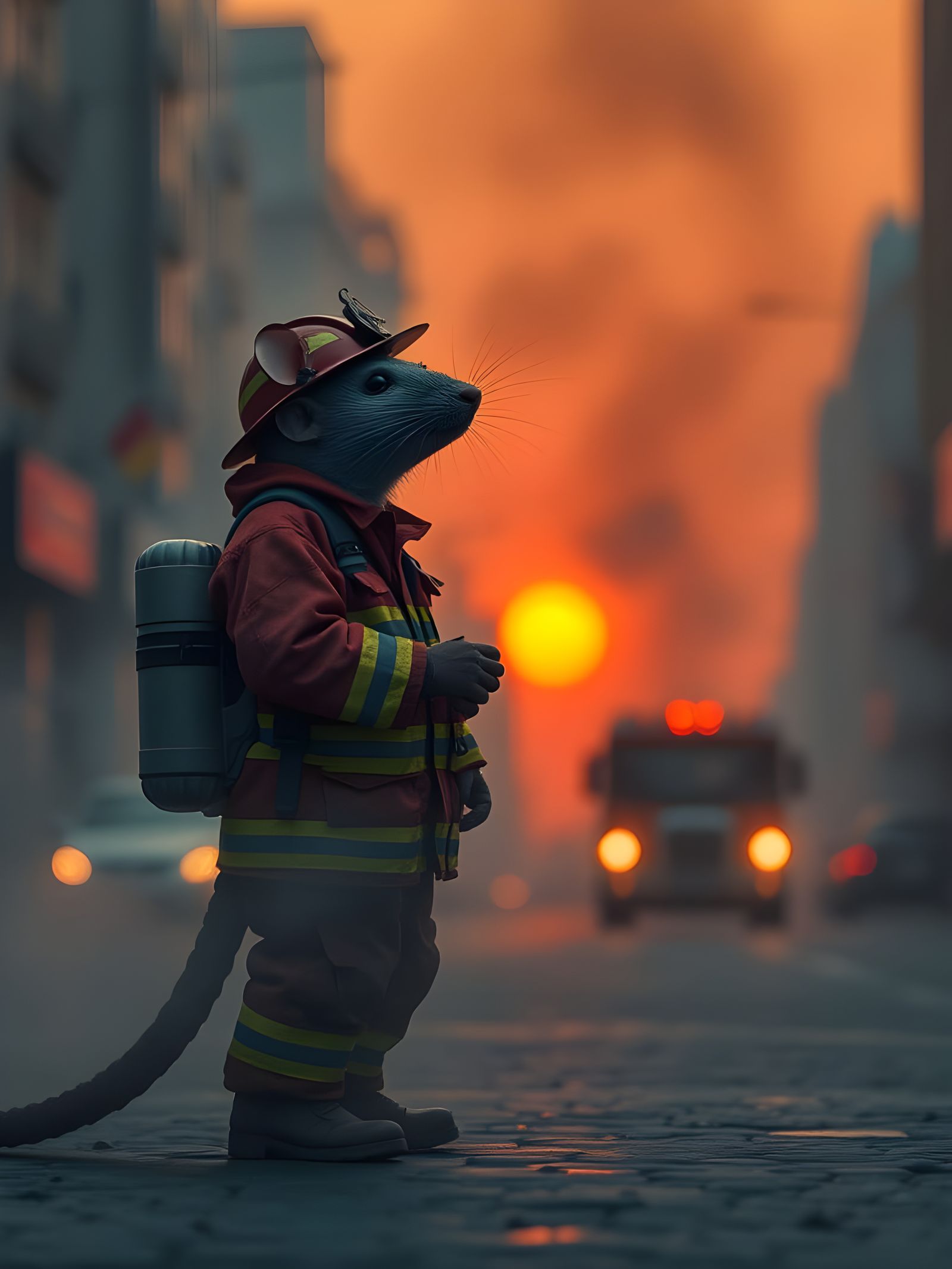 Rat Firefighter in Action Amidst City Sunrise and Smoke