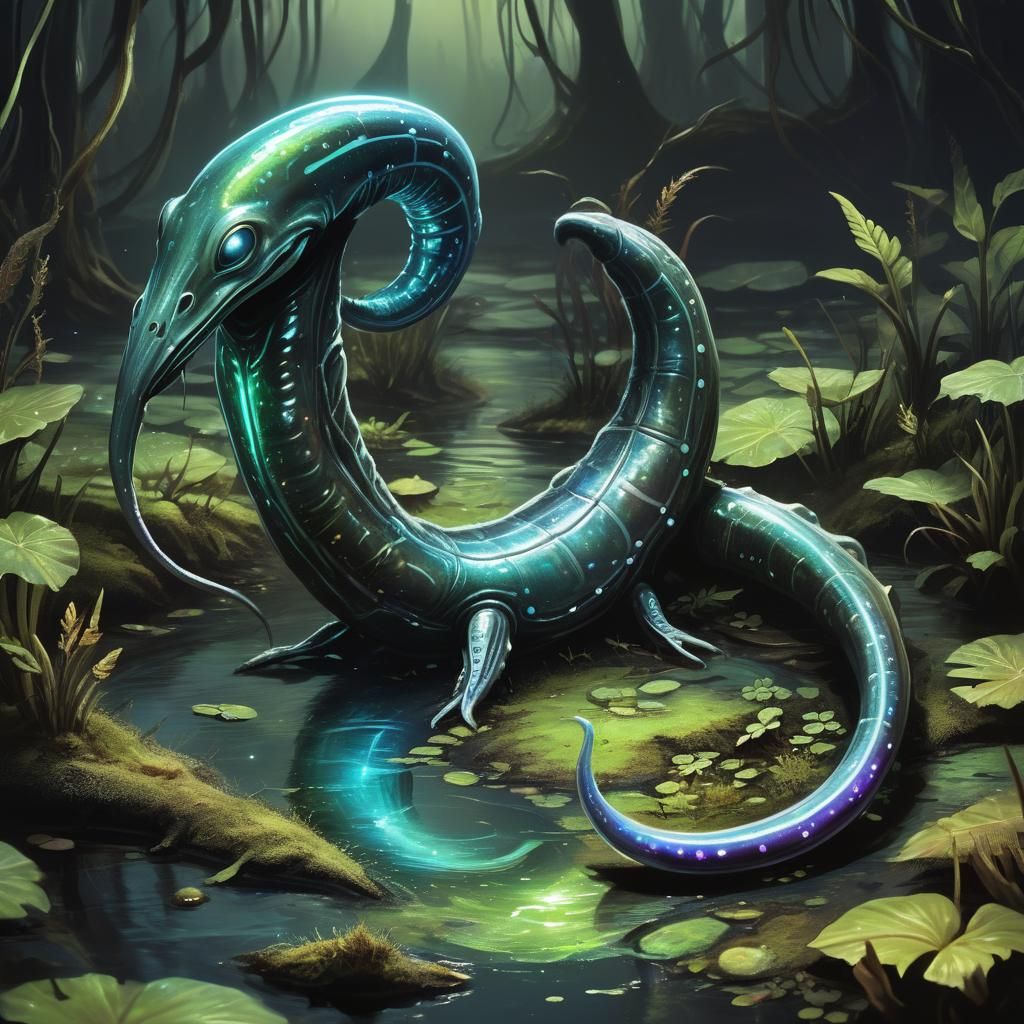 Alien Planarian Evolution in Iridescent Swamp: Digital Paint...