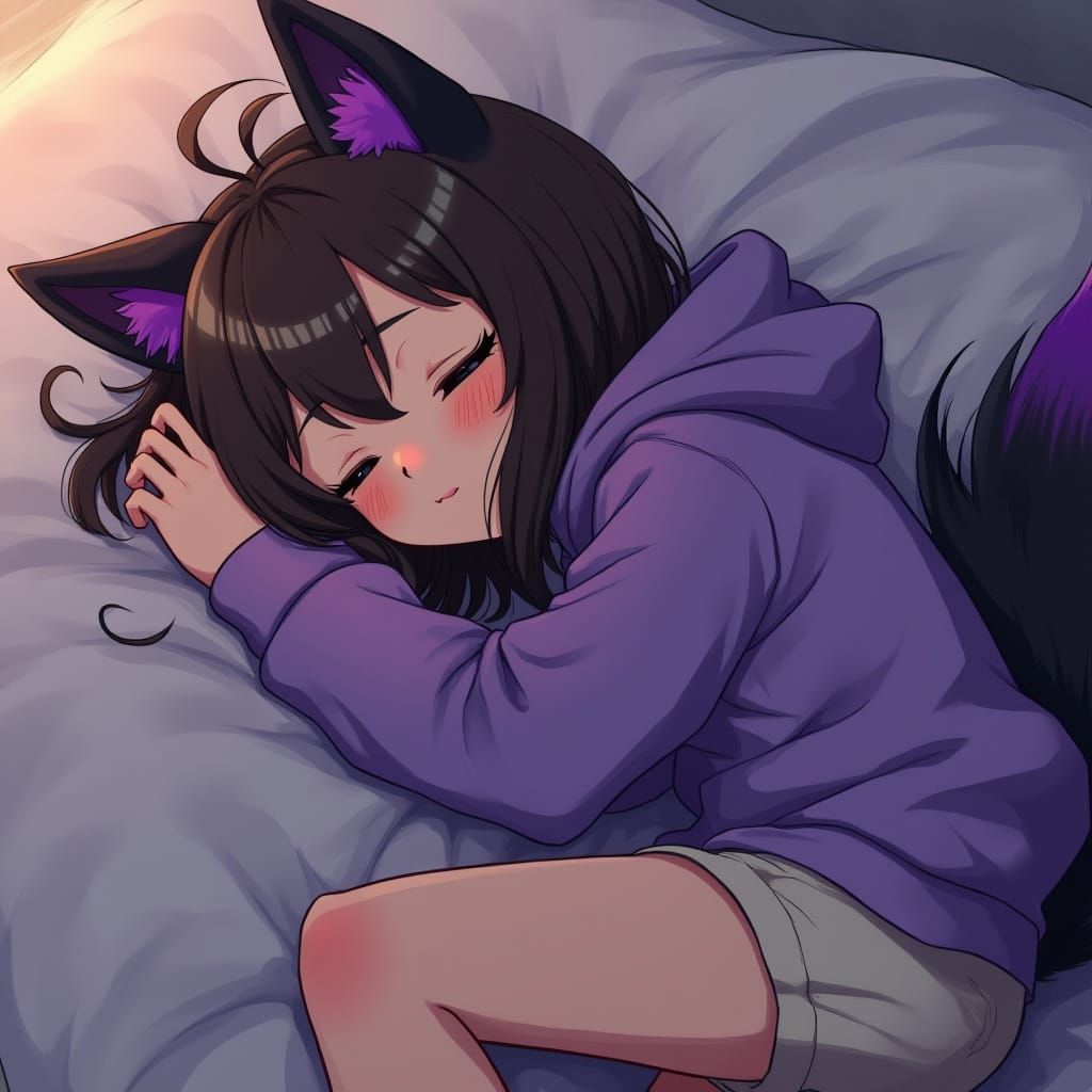 Teenage Girl with Wolf Ears and Tail Sleeps in Cozy Atmosphe...