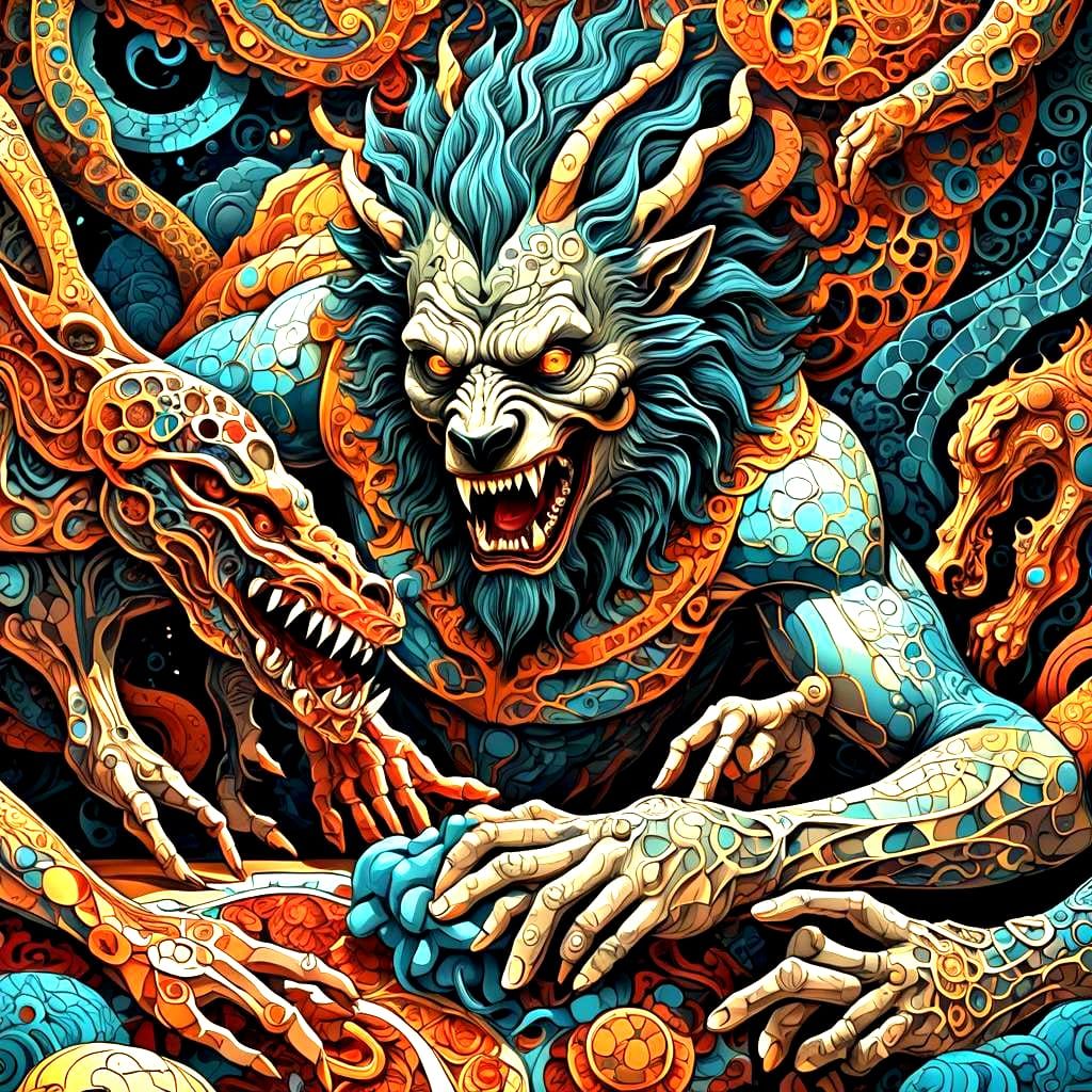 Werewolf Disemboweling Human in Abstract 3D