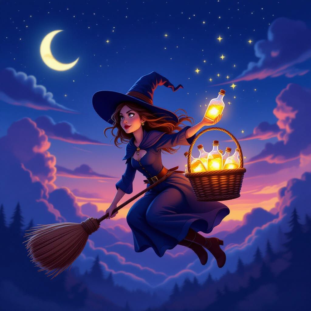 Witch Delivering Glowing Potions at Twilight
