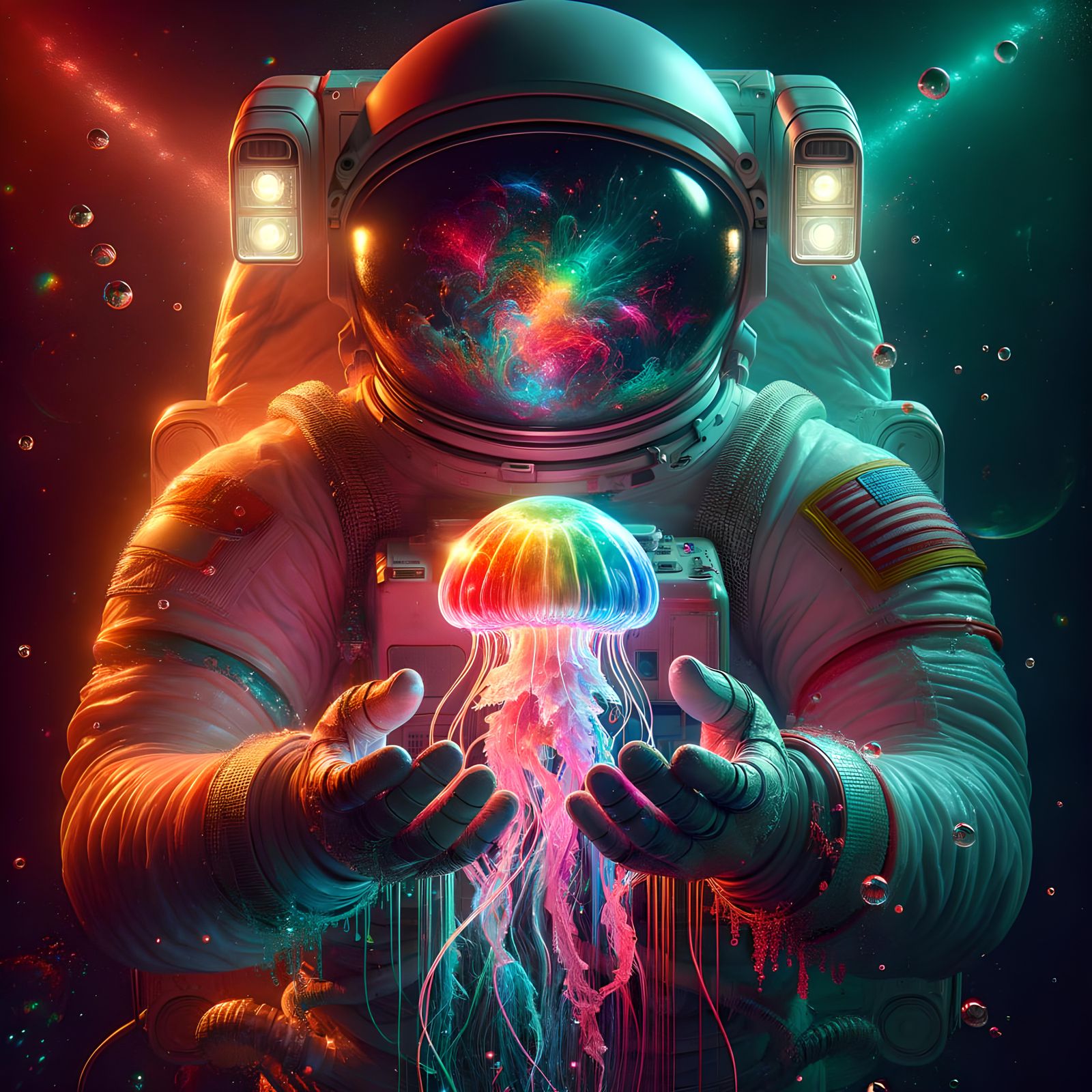 Astronaut with Bioluminescent Jellyfish in Neon Style