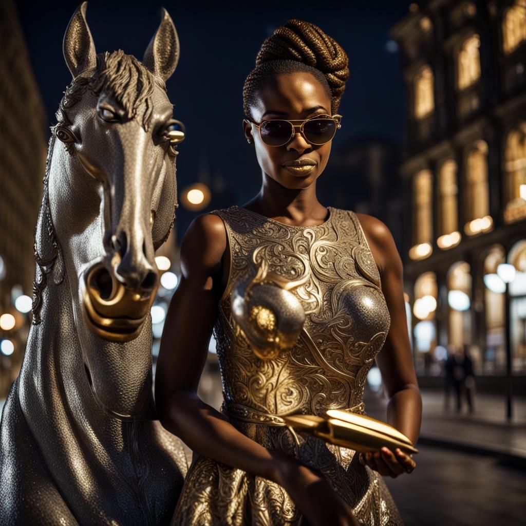 Woman with Golden Knife and Illuminated Horse Statue