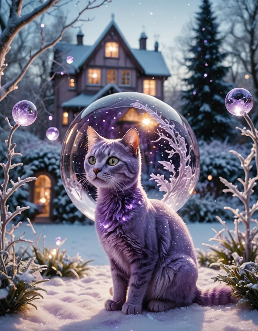 Icy Purple Cat in Crystal Globe: Magical Realism
