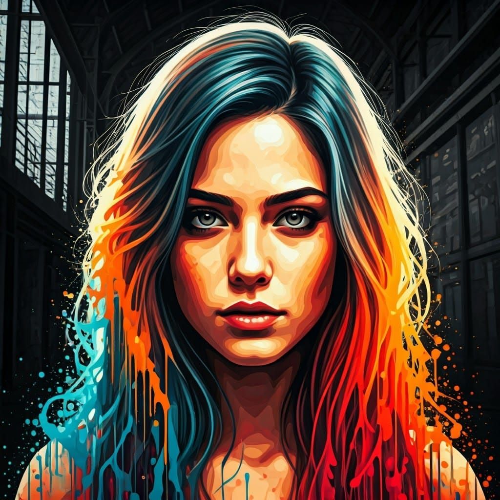 Street Art Portrait of a Determined Woman in Urban Landscape