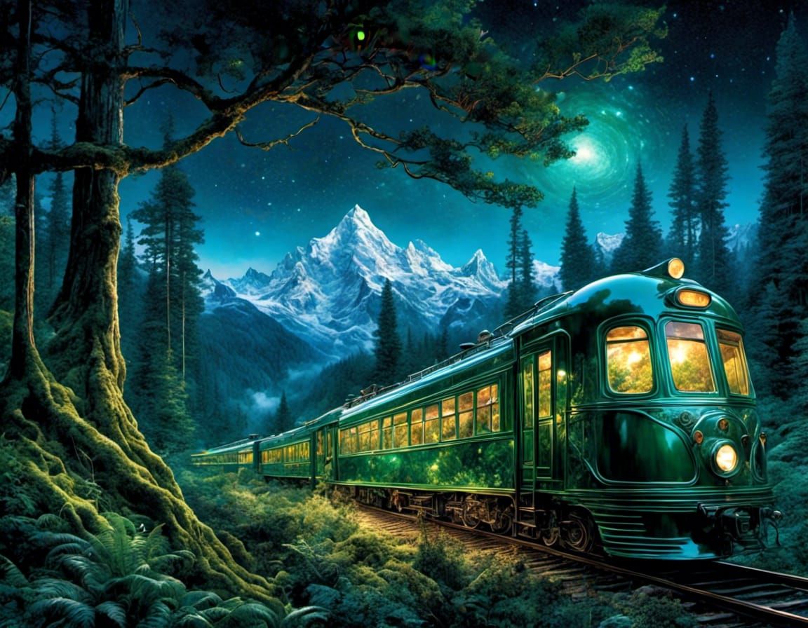 Green Train Through Evergreen Forest at Night