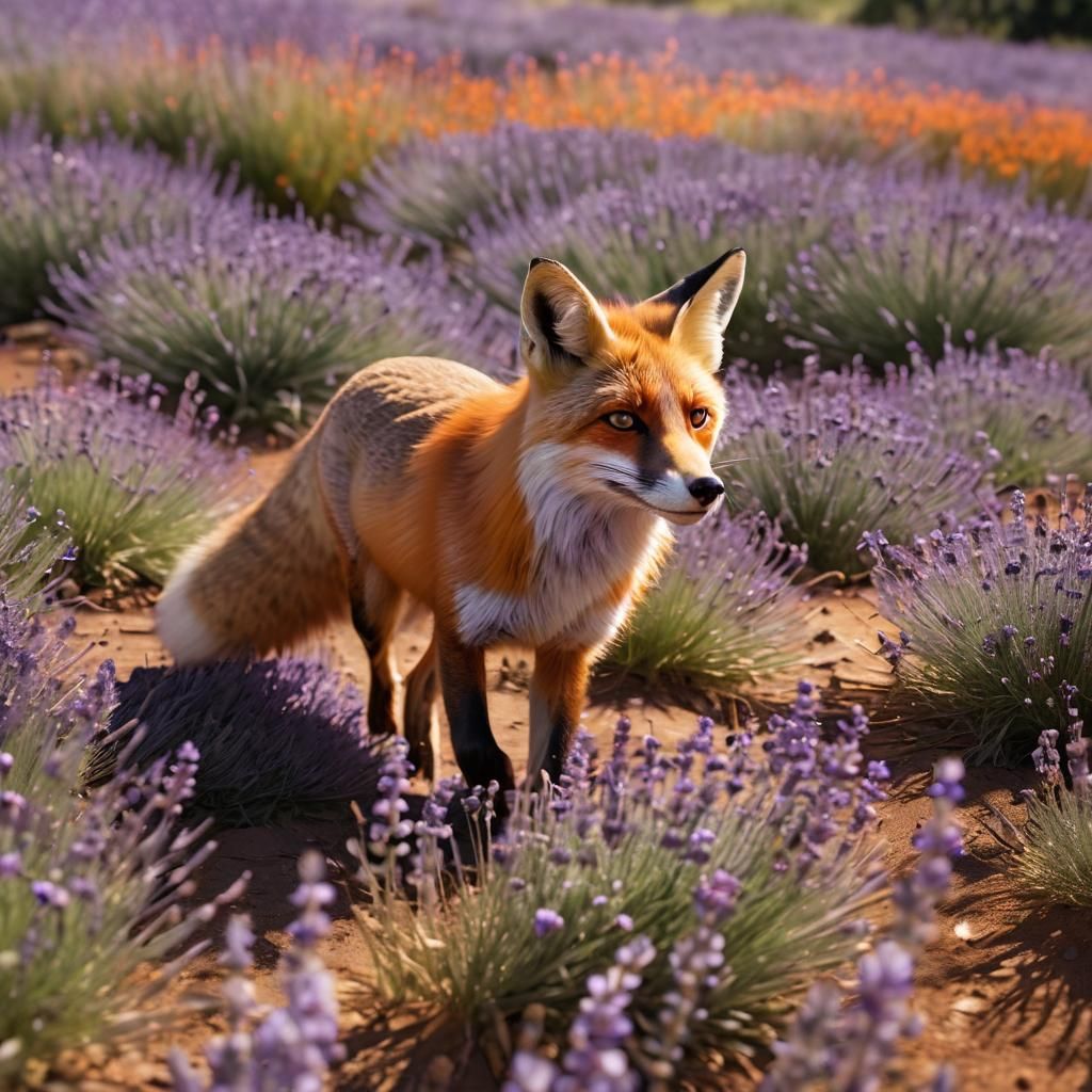 Red Fox in Lavender Field, Hyper-Realistic Digital Art