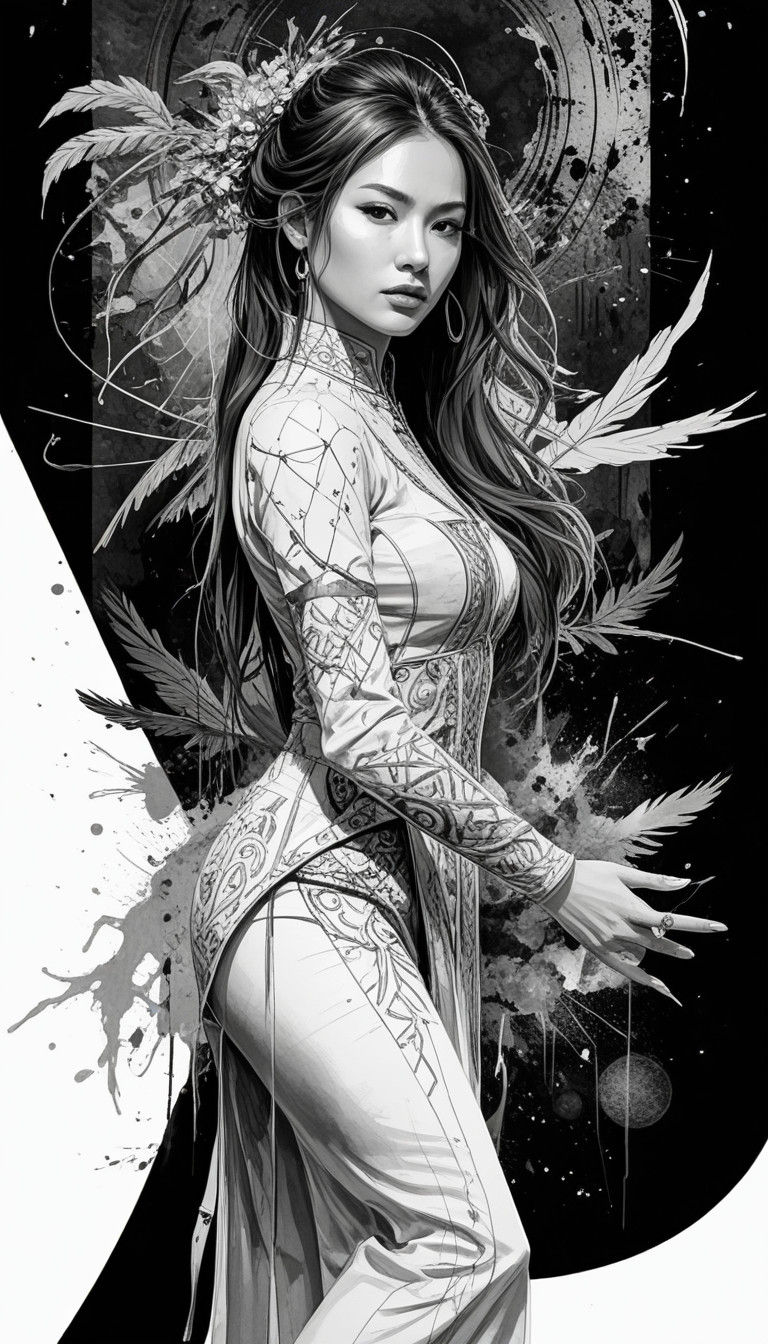 Vietnamese Superheroine in Modern Ao Dai, Ink Drawing in Com...