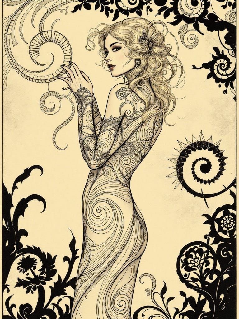 Art Nouveau Pin-Up Woman in Sepia Tones