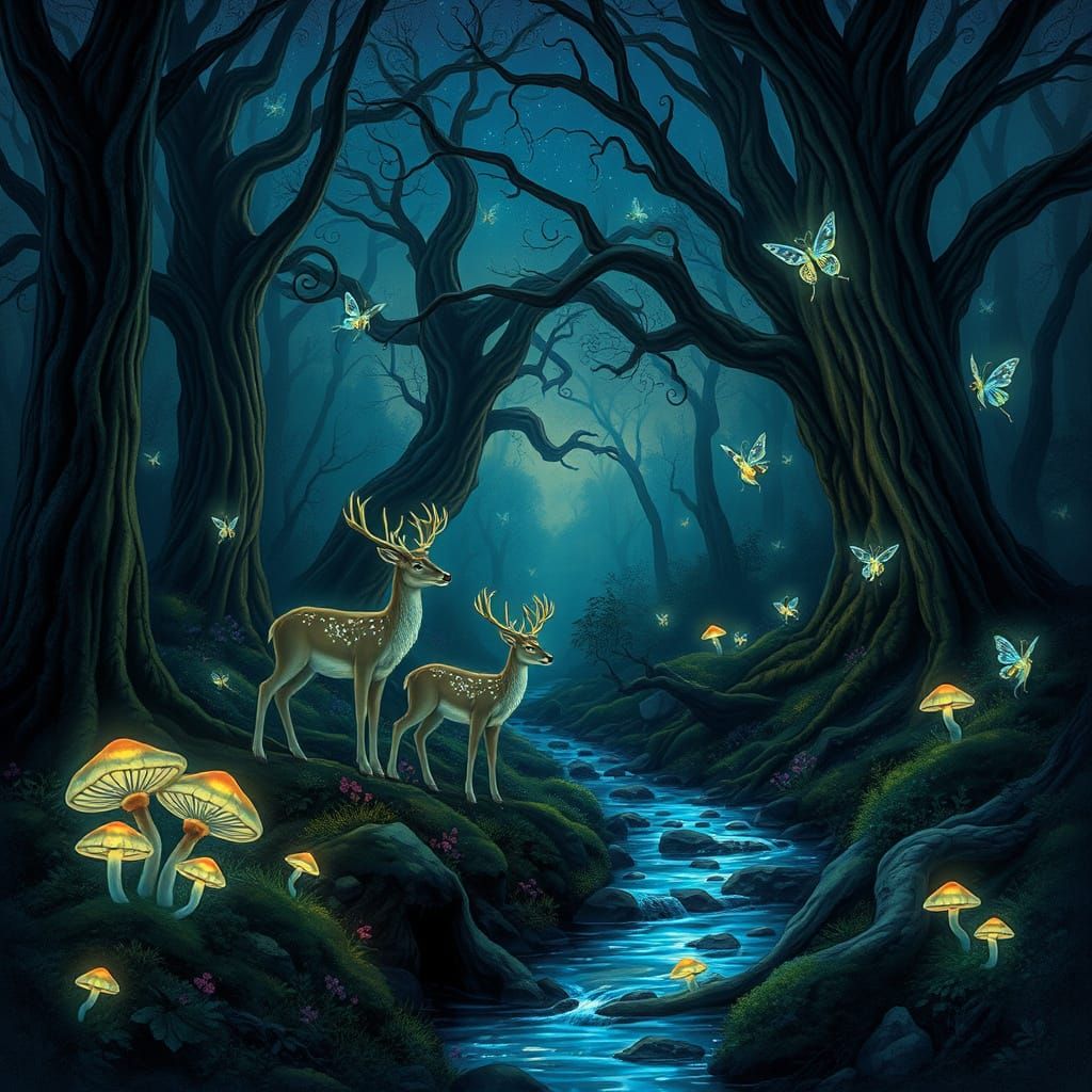 Enchanting Forest Scene with Glowing Deer and Fairies