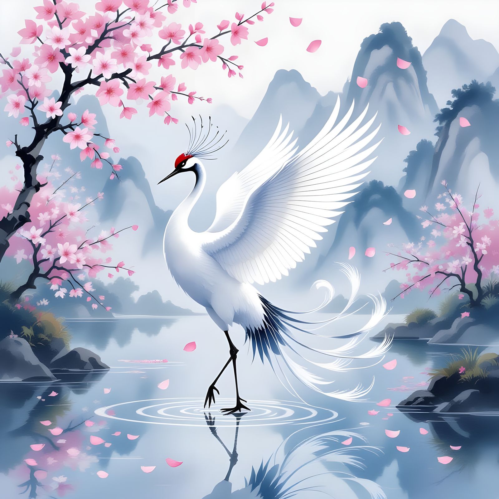 Ethereal Crane Fantasy Bird Dance by Mountain Lake