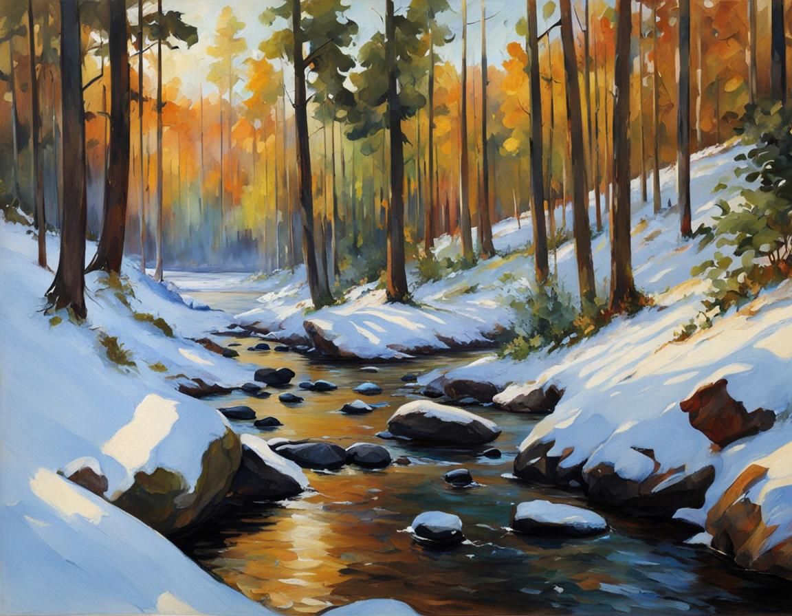 Snowy Forest Rocks as Oil Painting