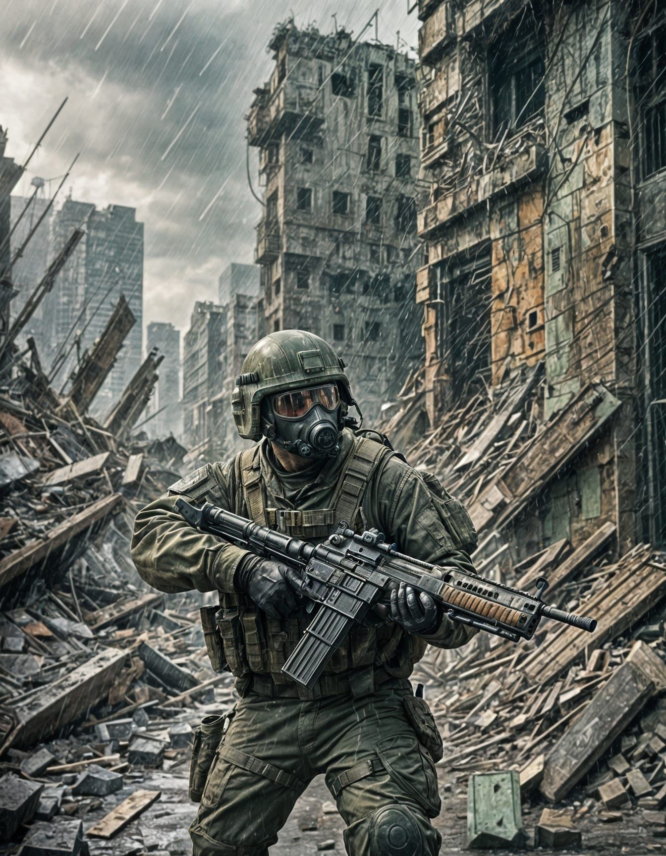 Futuristic Soldier on Guard in Ruined City