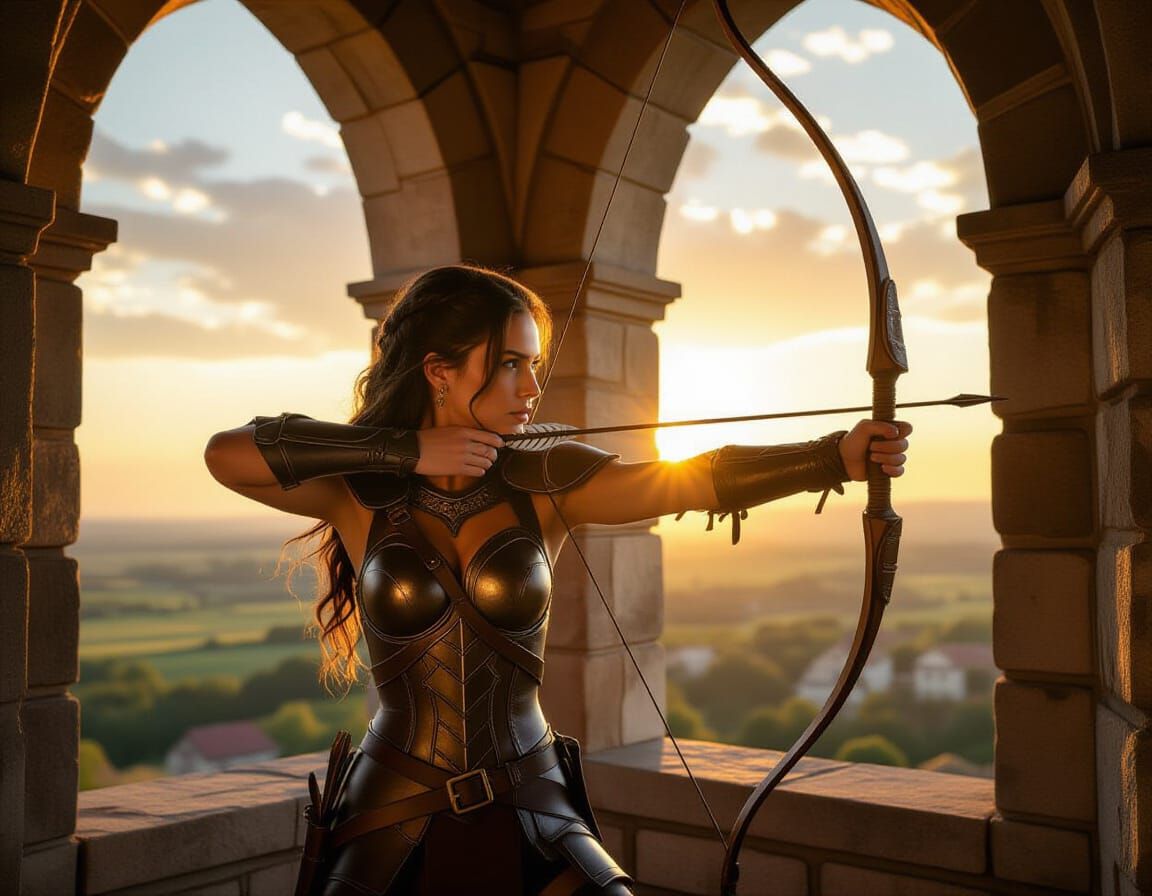 Woman Archer on Castle Tower at Golden Hour