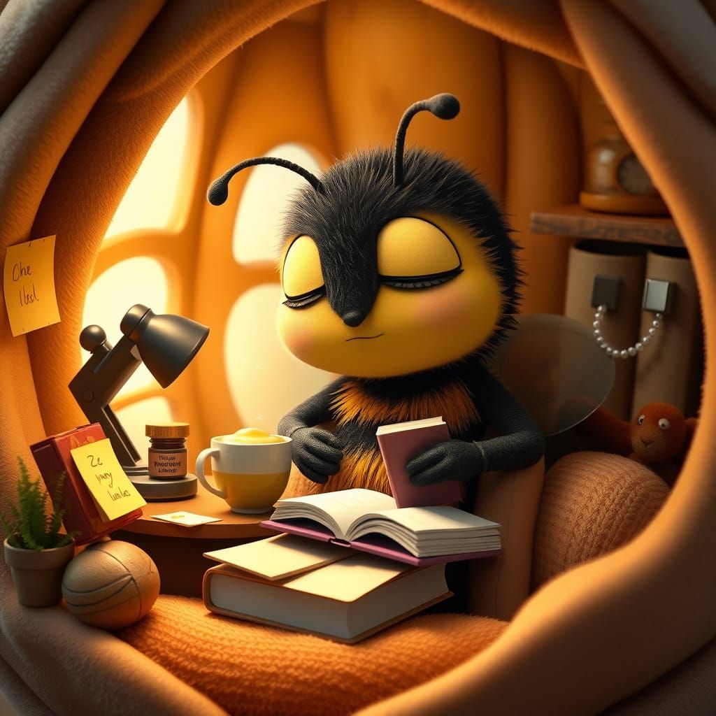Sleepy Bumblebee at Desk, Pixar-Style 3D Render