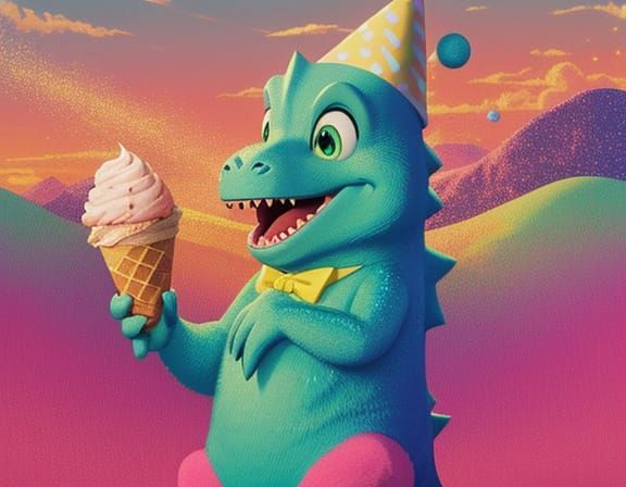 Cartoon Dinosaur Roars as Ice Cream Rains Down in Pastel Col...