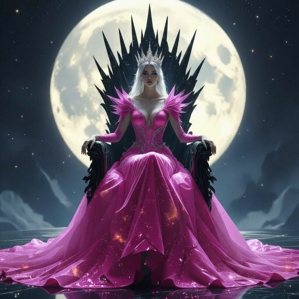 Moonlight Queen on Obsidian Throne in Cosmic Void