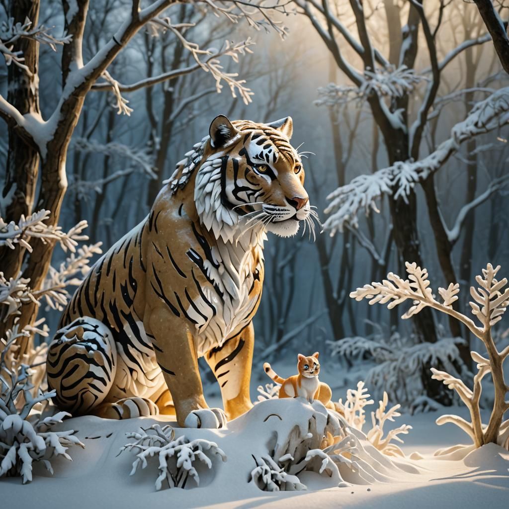 Tiger and Cat Snow Sculpture in Misty Forest