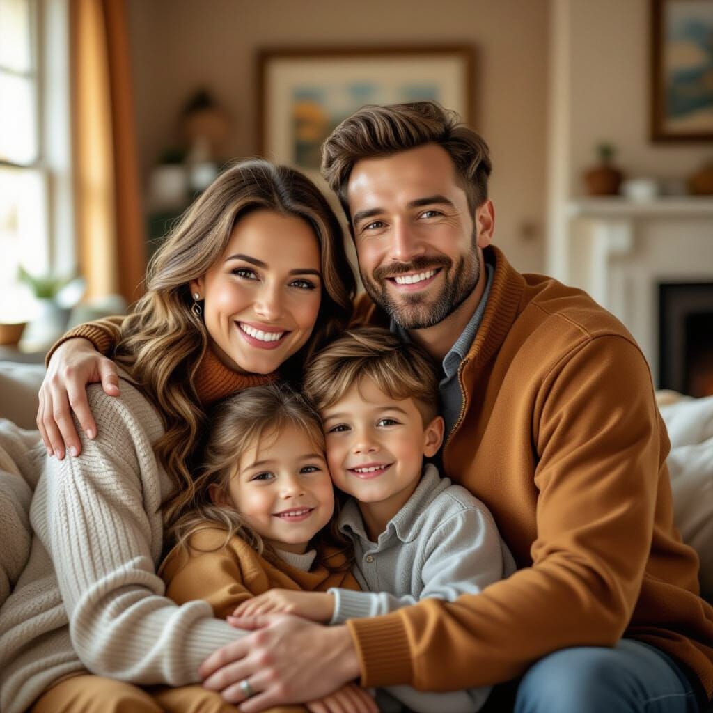Loving Family Embracing in Cozy Living Room