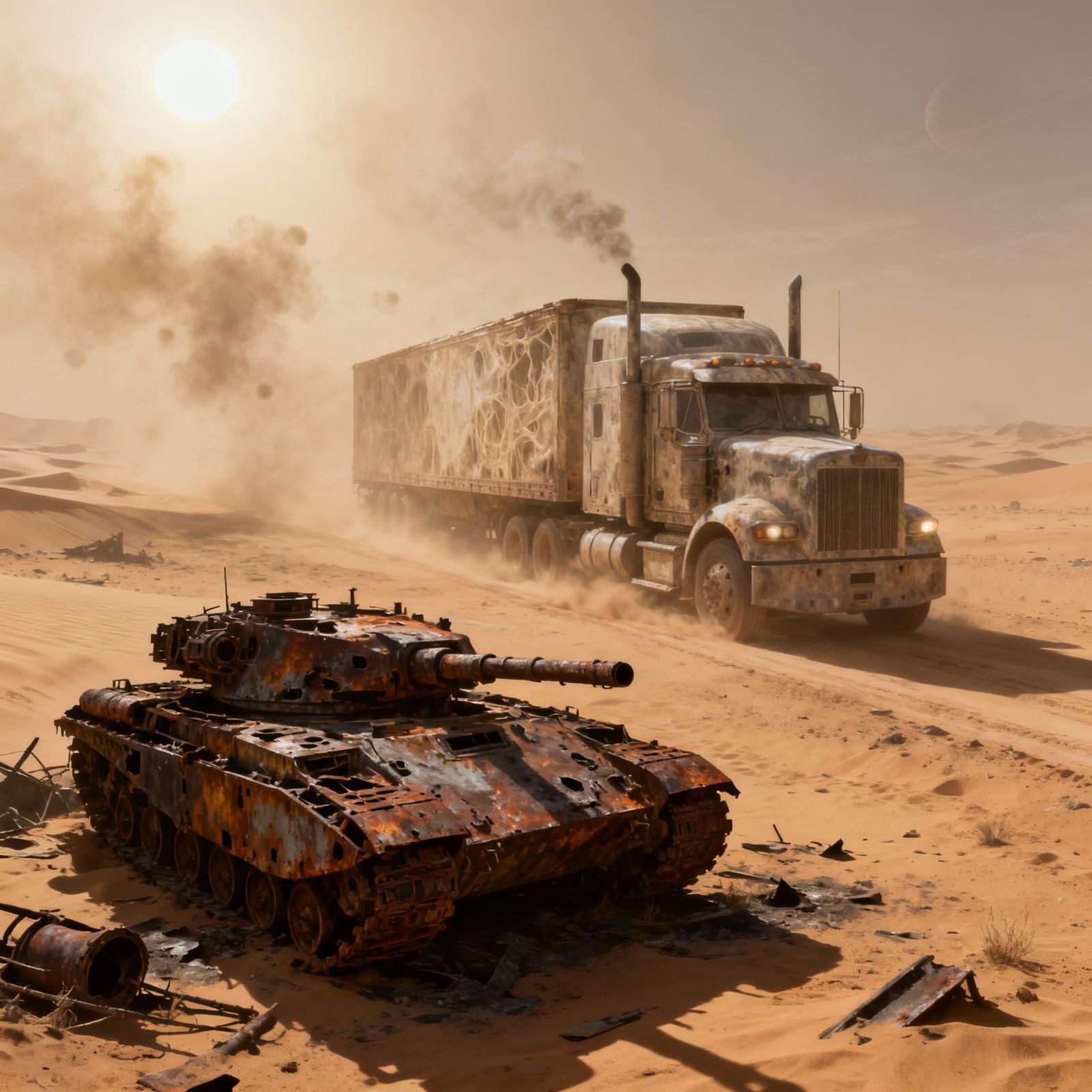 Spectral Road Train in Dystopian Sahara Desert