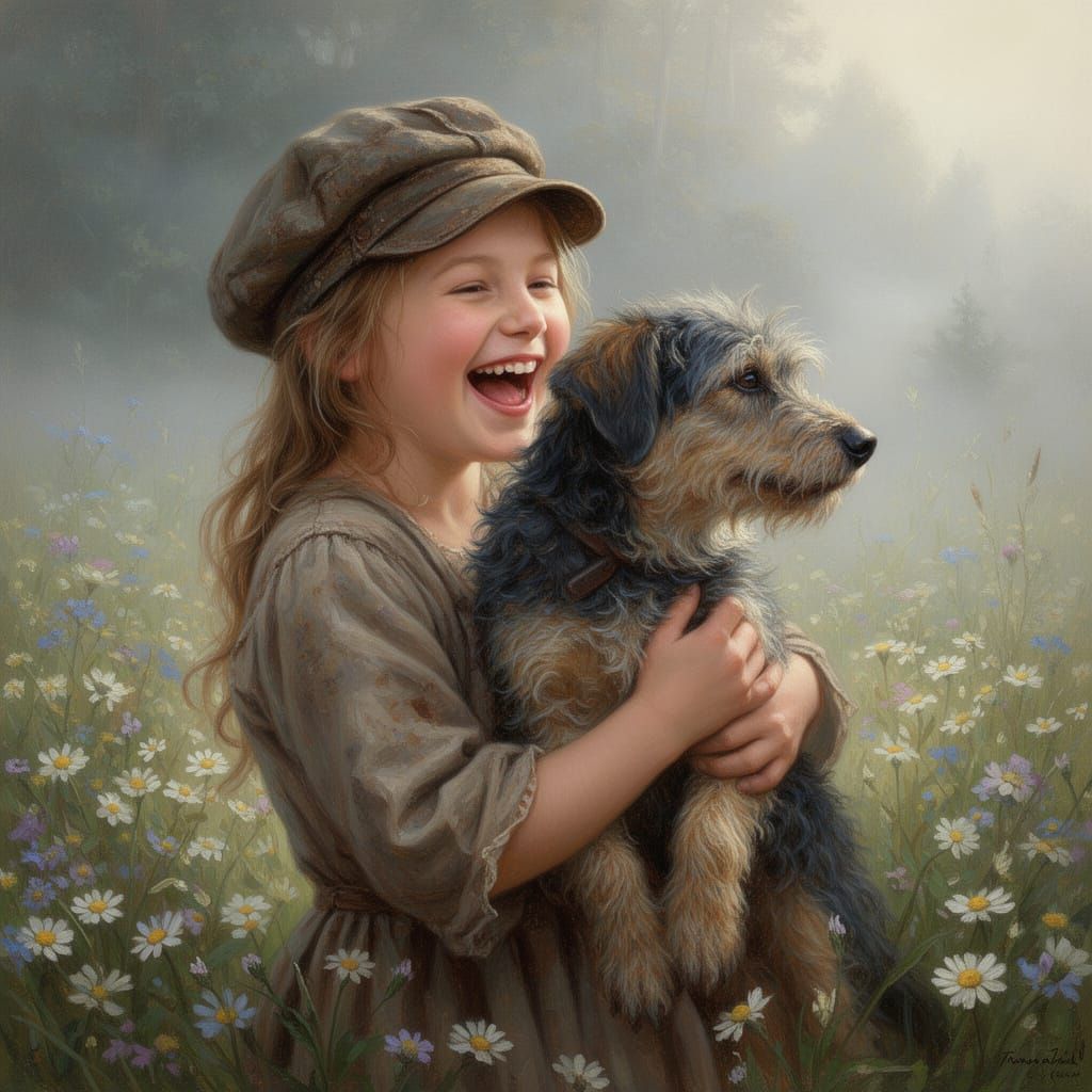 Joyful Hobo Girl Hugs Dog in Hyperrealistic Oil Painting