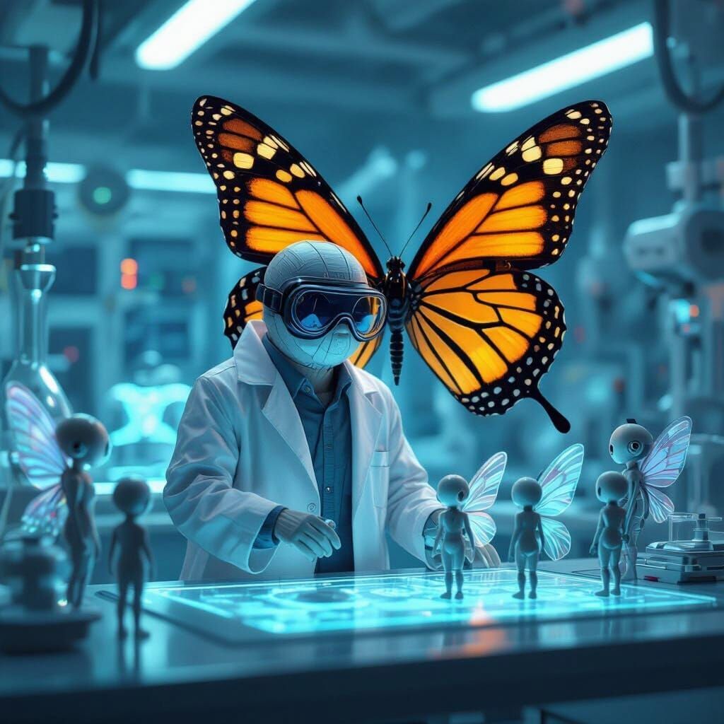 Butterfly Scientist Evolving Humans in Sci-Fi Lab