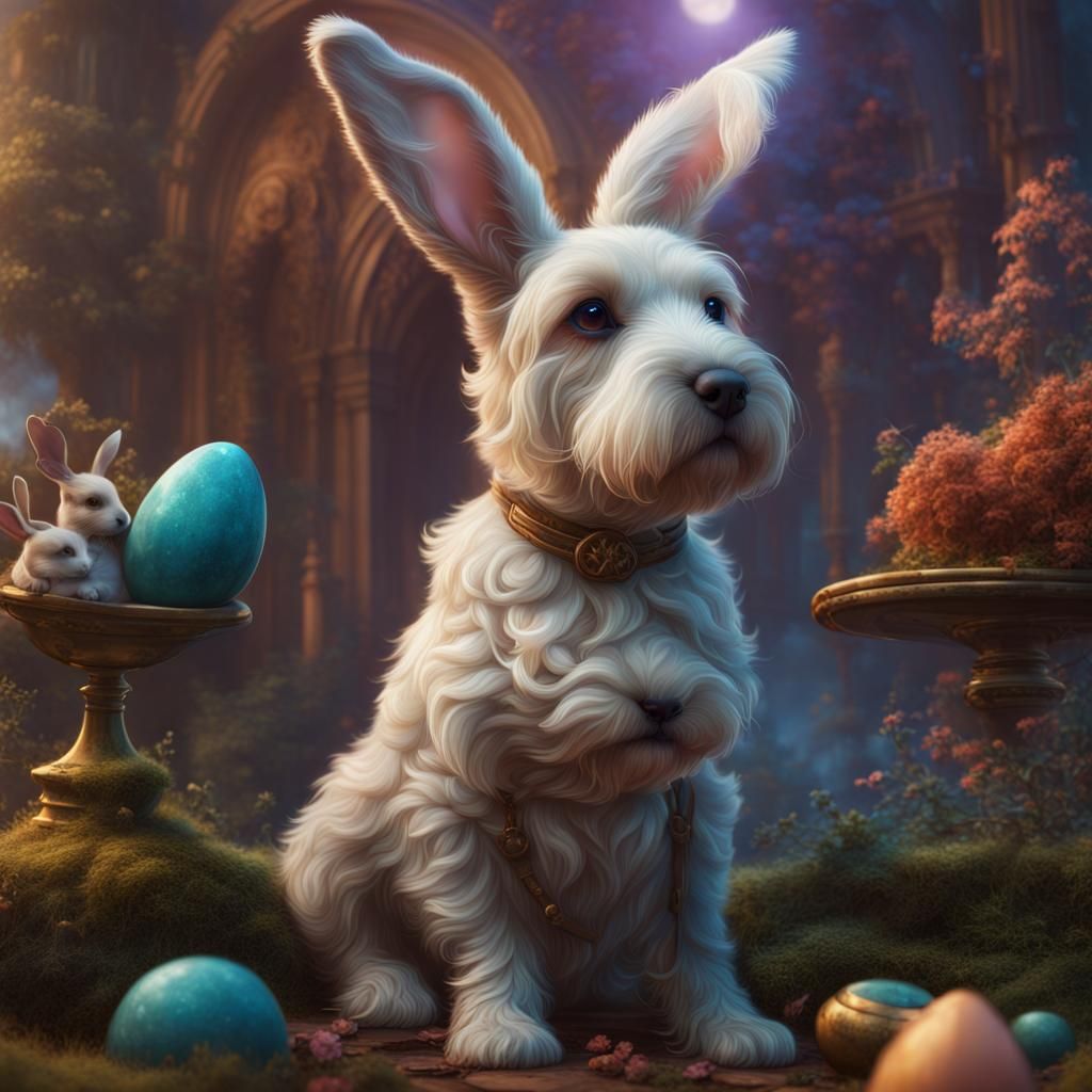 Whimsical Realism Dog and Bunny Encounter