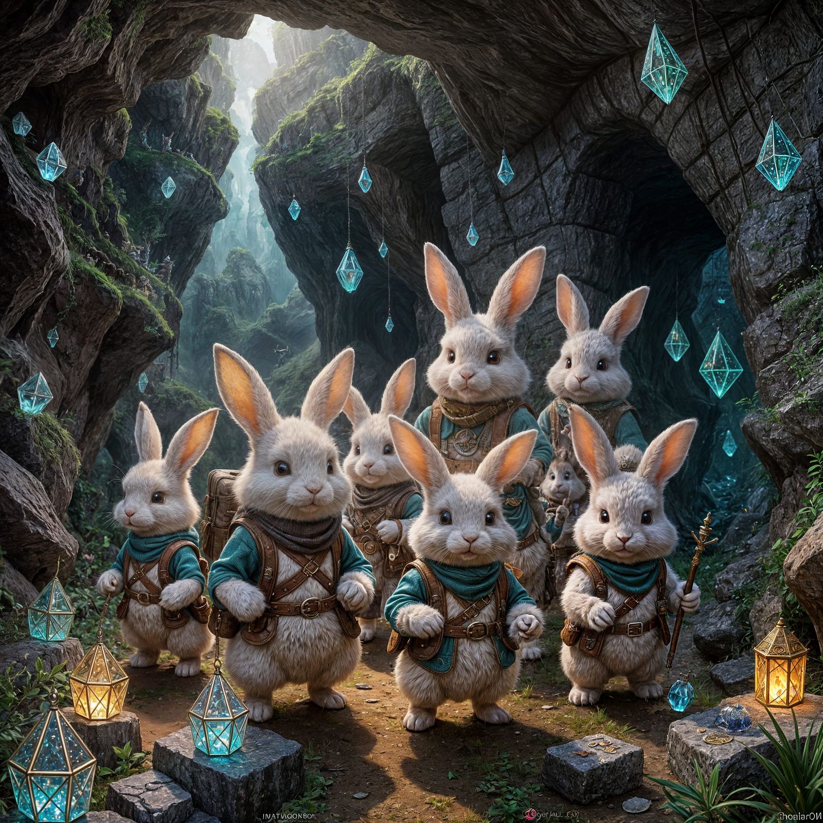 Fluffy Rabbits Explore Crystal Cavern in Whimsical Fantasy S...