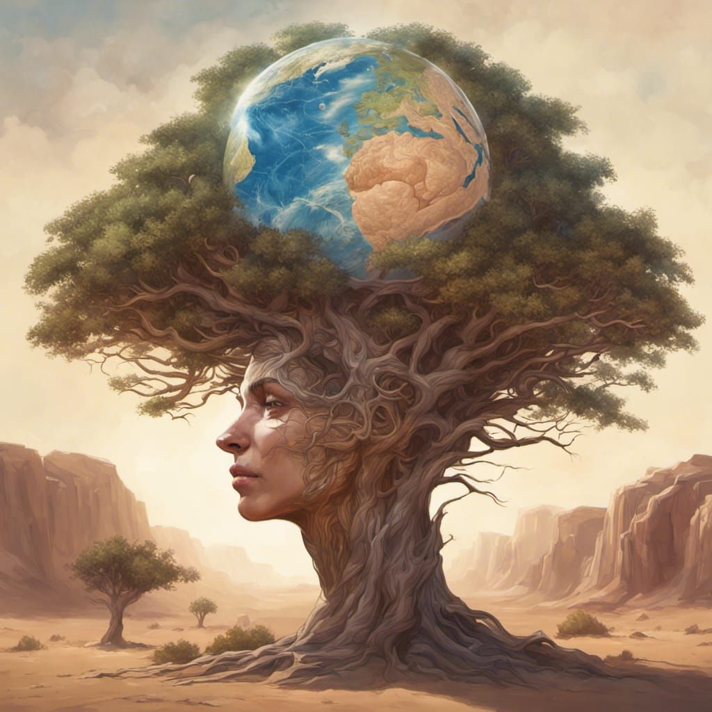 Earth-Brain Tree in Desert: Hyperdetailed Concept Art