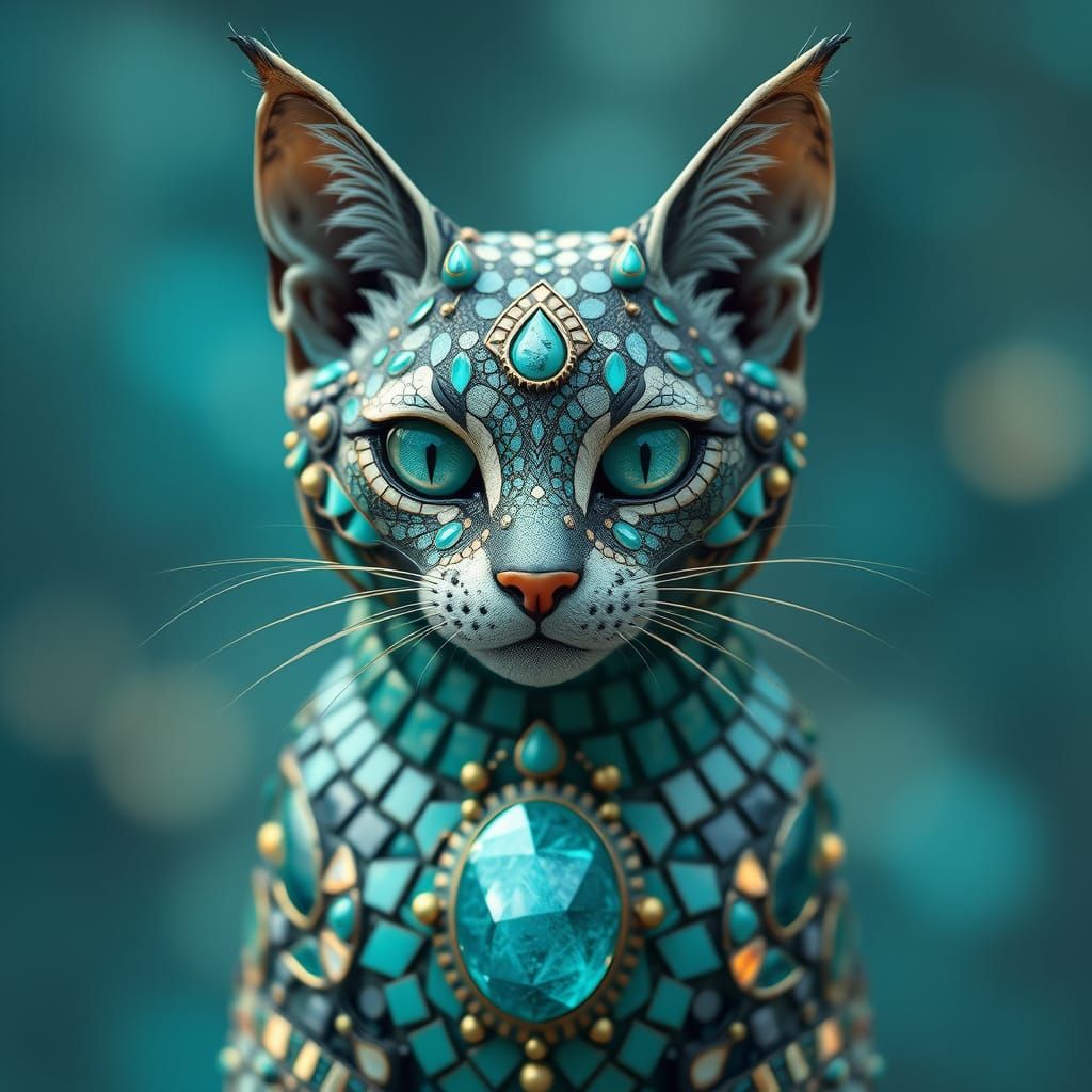 Hyperrealist Feline Treasure in Glowing Turquoise
