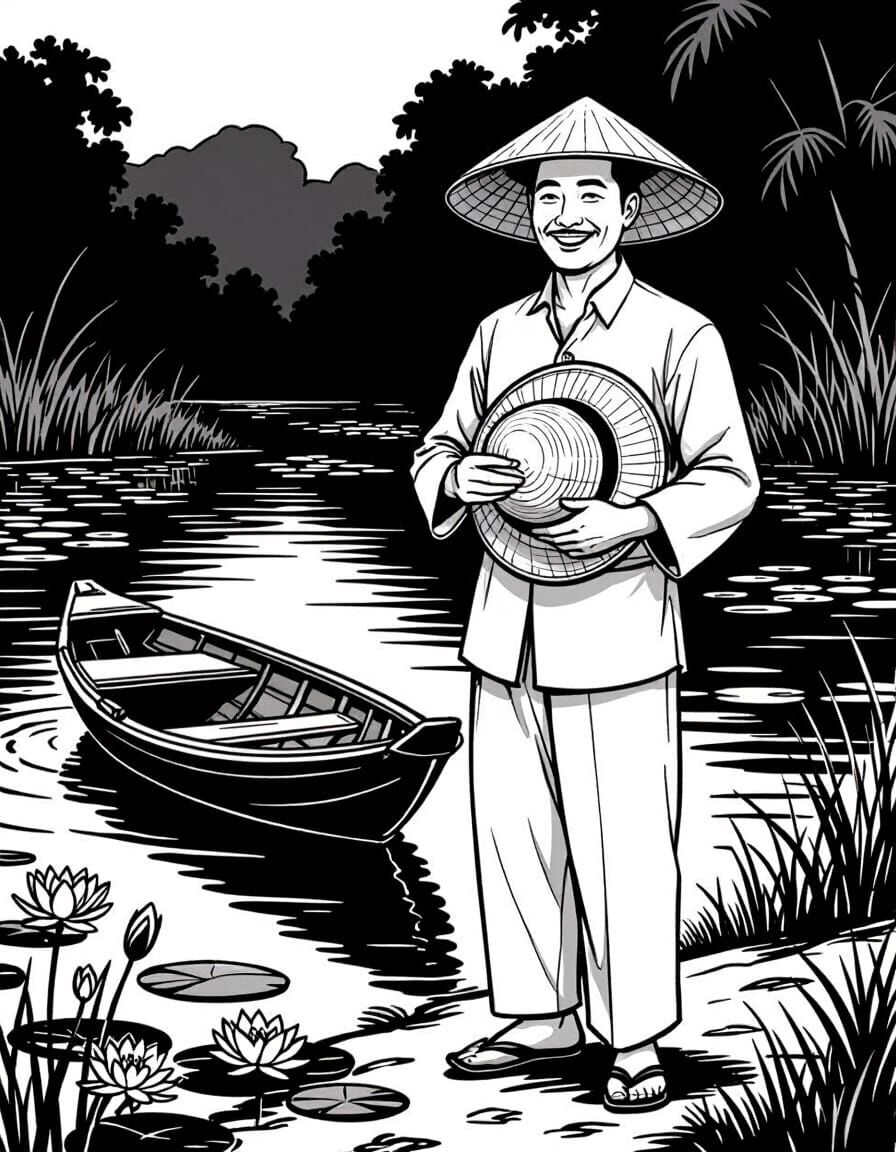 1950s Vietnamese Man in Ao Dai, Black and White Line Art