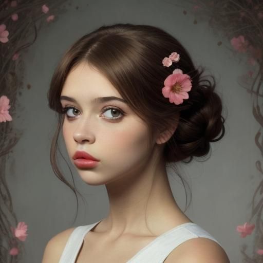 Woman with Floral Updo, Dramatic Digital Portrait