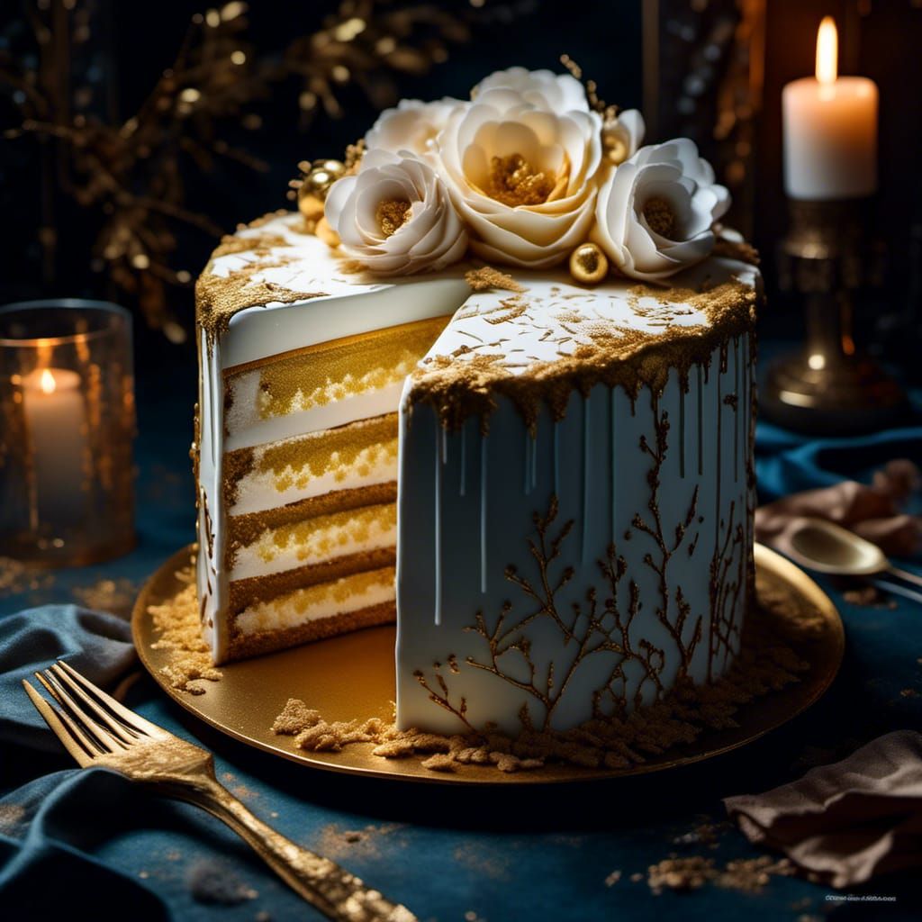 Appetizing Luminous White and Gold Layer Cake