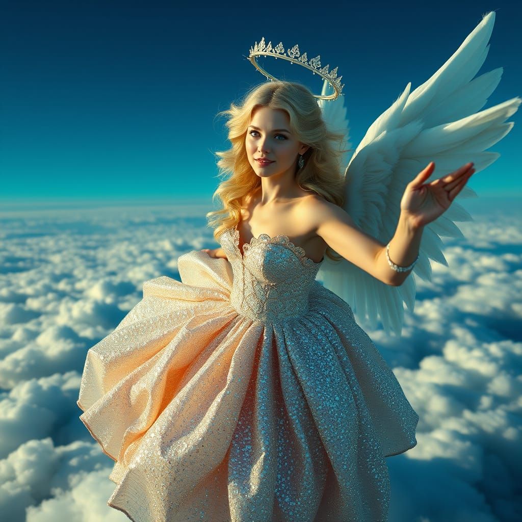 Angel in Whimsical Ball Gown with Iridescent Glitter, in Cin...