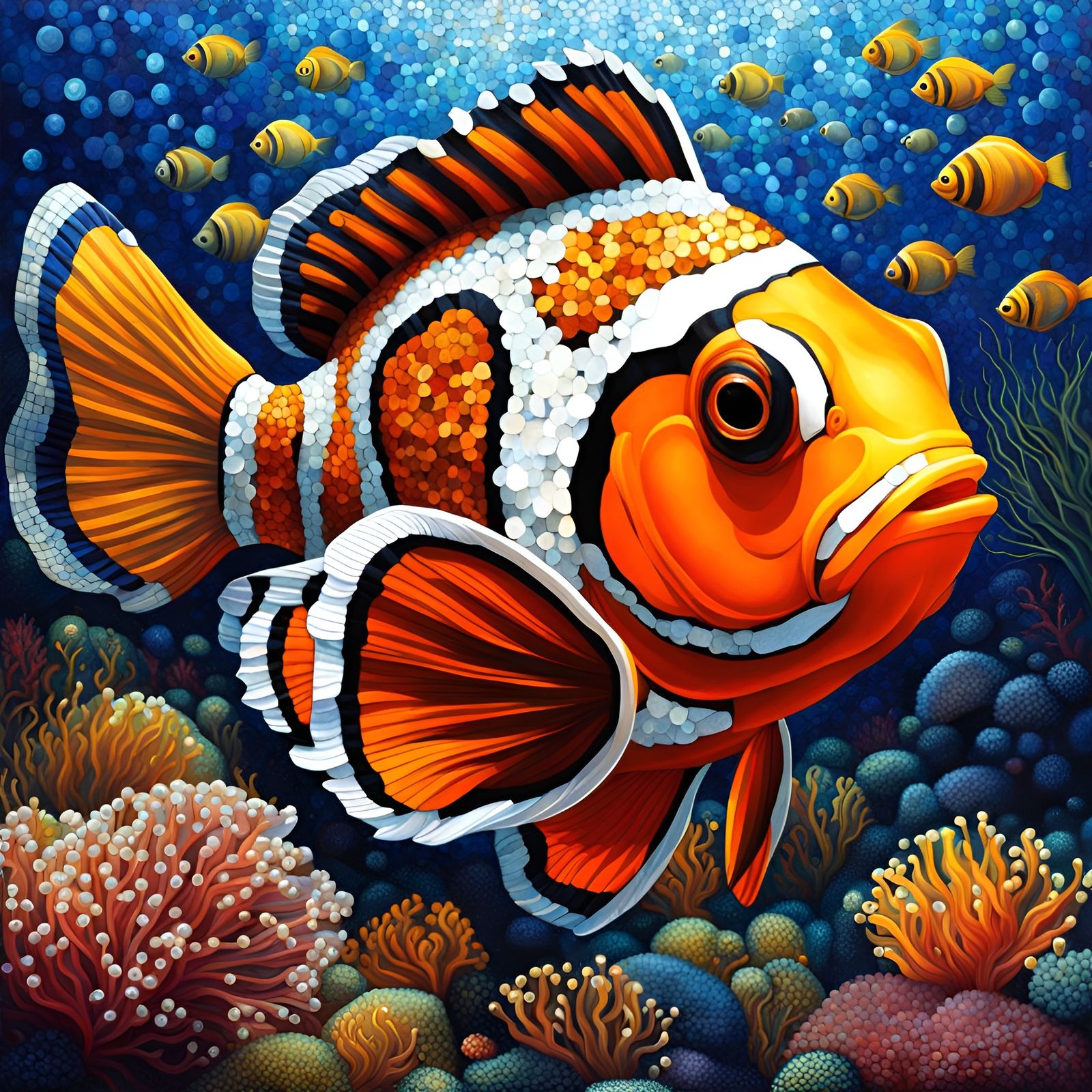 Clownfish in Roman Mosaic Style Underwater Scene