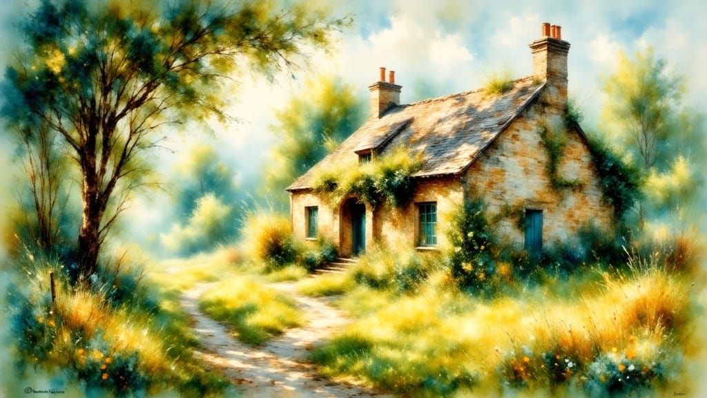 Stone Cottage in Lush Landscape, Watercolor Painting