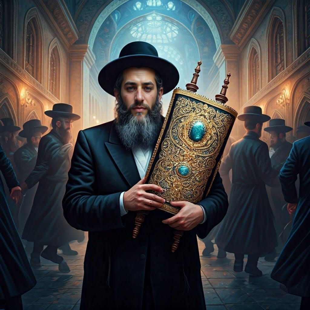 Hasidic Rabbi Holds Majestic Torah Scroll Amidst Joyful Danc...