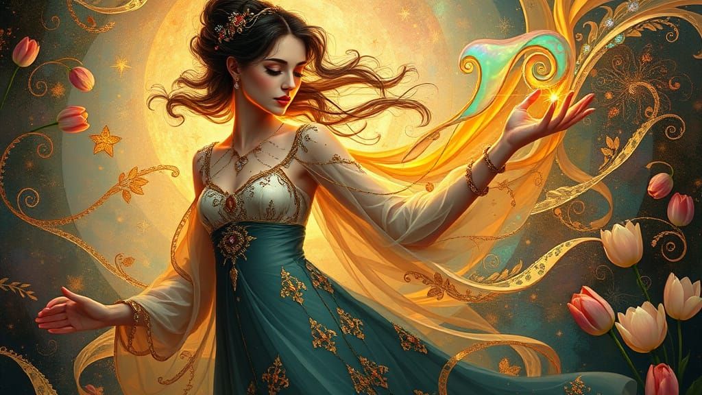 Surreal Goddess Unfurls Radiant Aura in Whimsical, Iridescen...