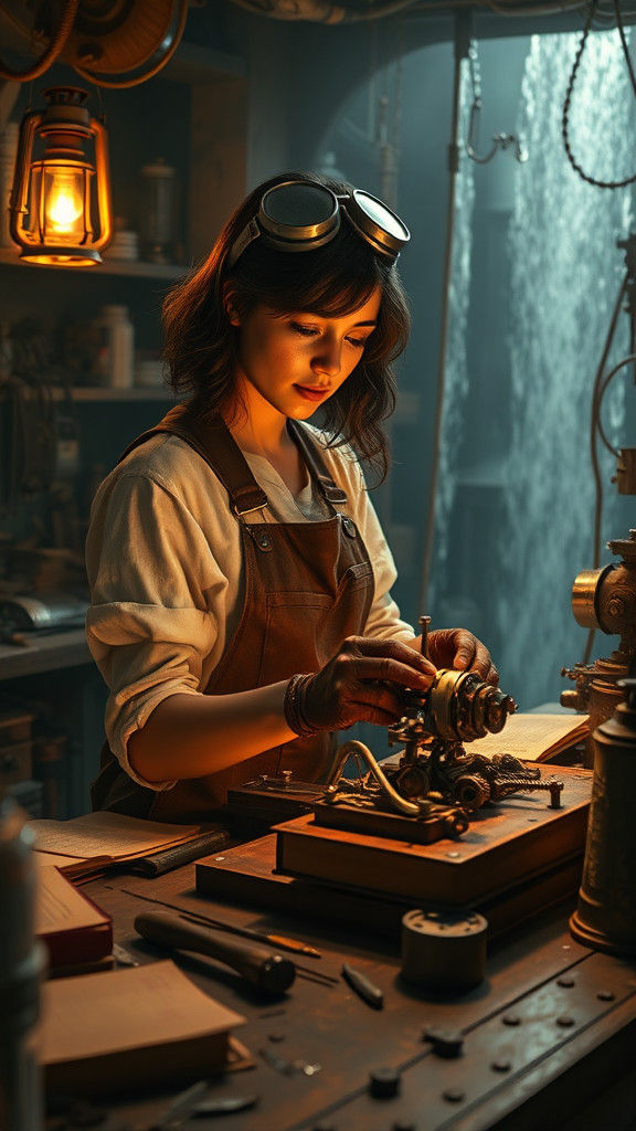 Steampunk Inventor in Waterfall Laboratory, Cinematic Lighti...