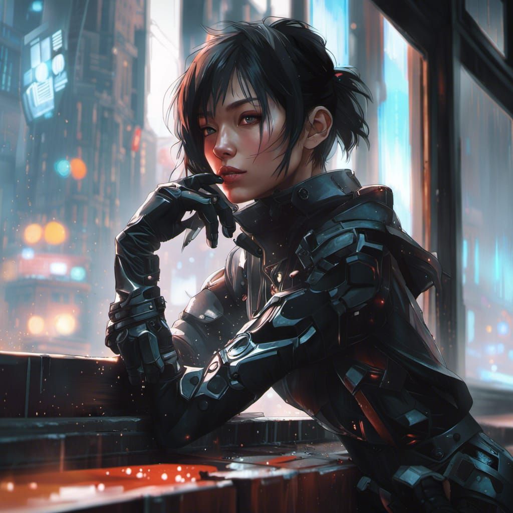 Cyberpunk Woman Portrait in Gloomy Neon Cityscape