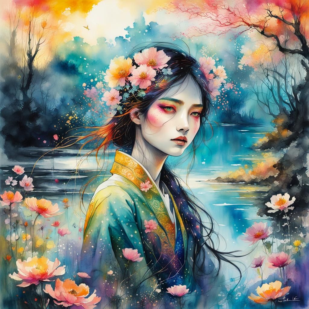 Dreamy Lake Glade in Watercolor Style