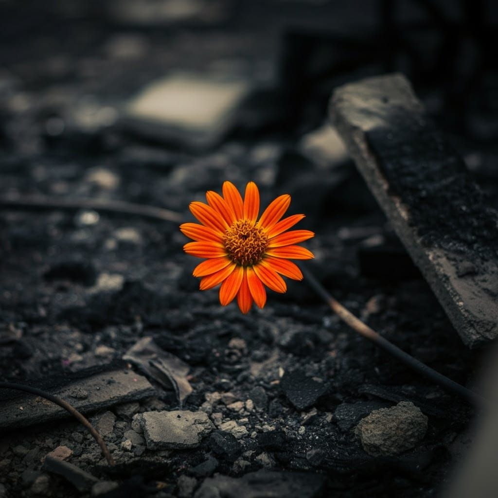 Orange Flower Amidst Rubble and Dust