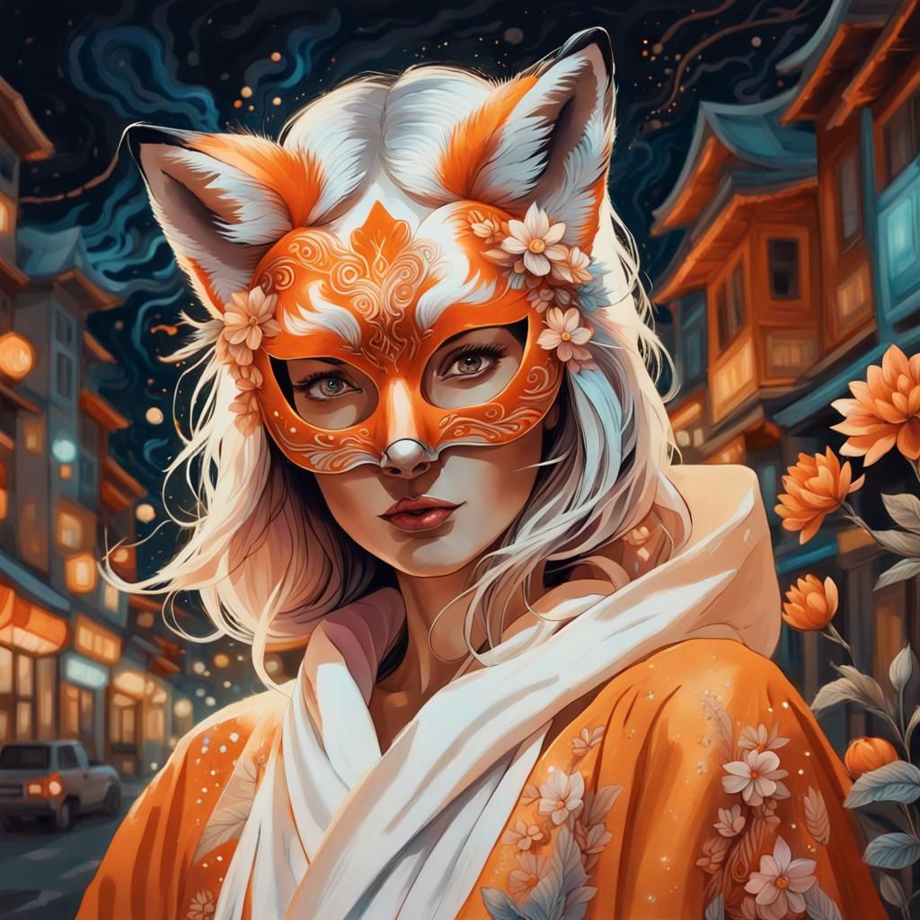 Fox Masked Woman in Vibrant Gouache Fantasy