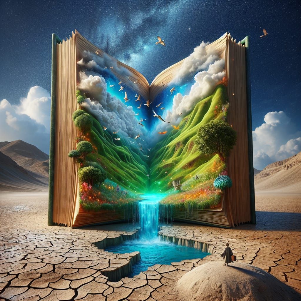 Surreal scene where a large thick open book stands upright on a dry, cracked ground, like a portal