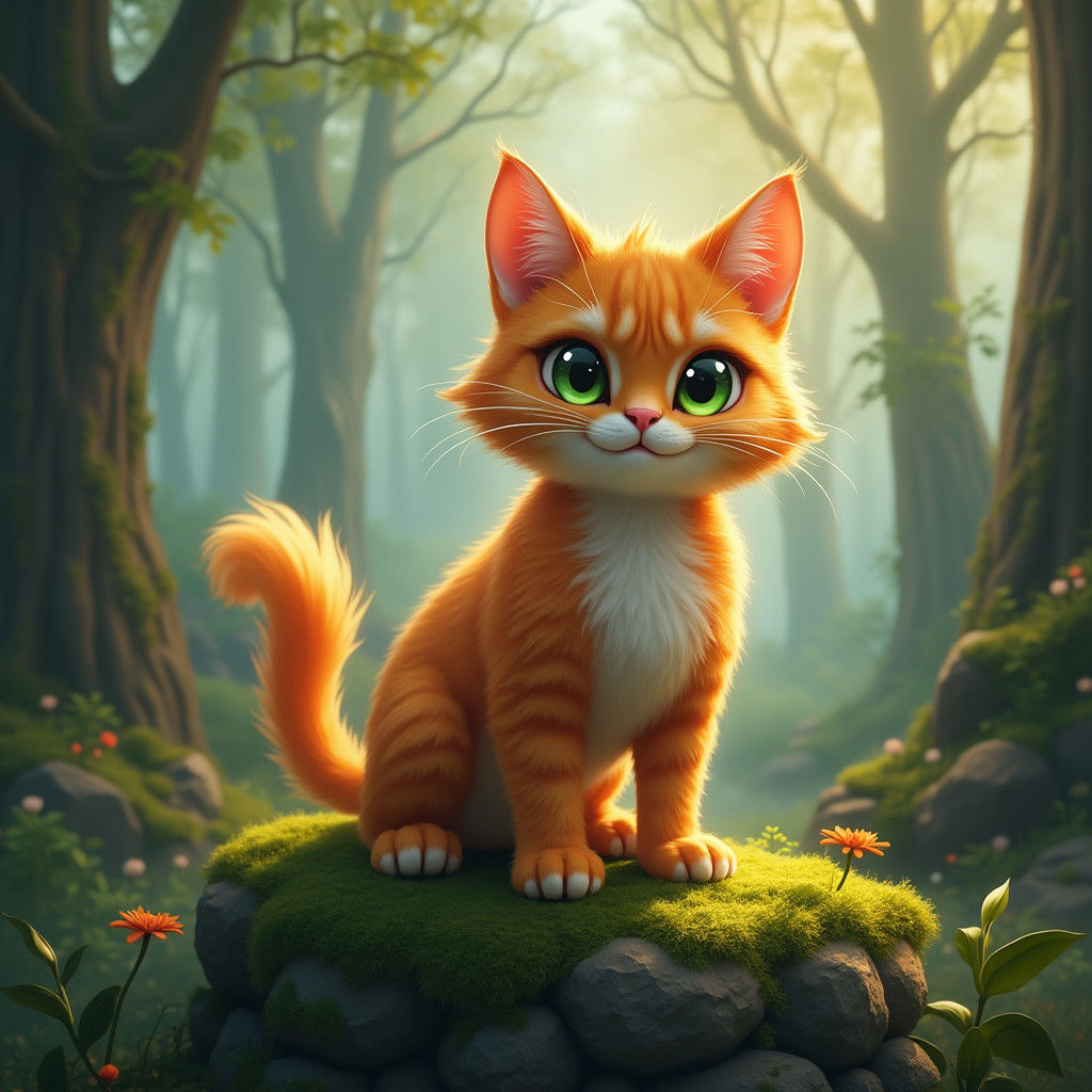 Orange Tabby Cat in Fantasy Forest Matte Painting