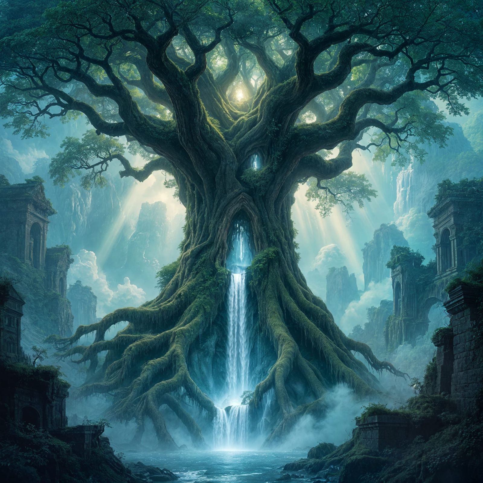 Ancient Tree Ruins: Living Monument in Fantasy Concept Art