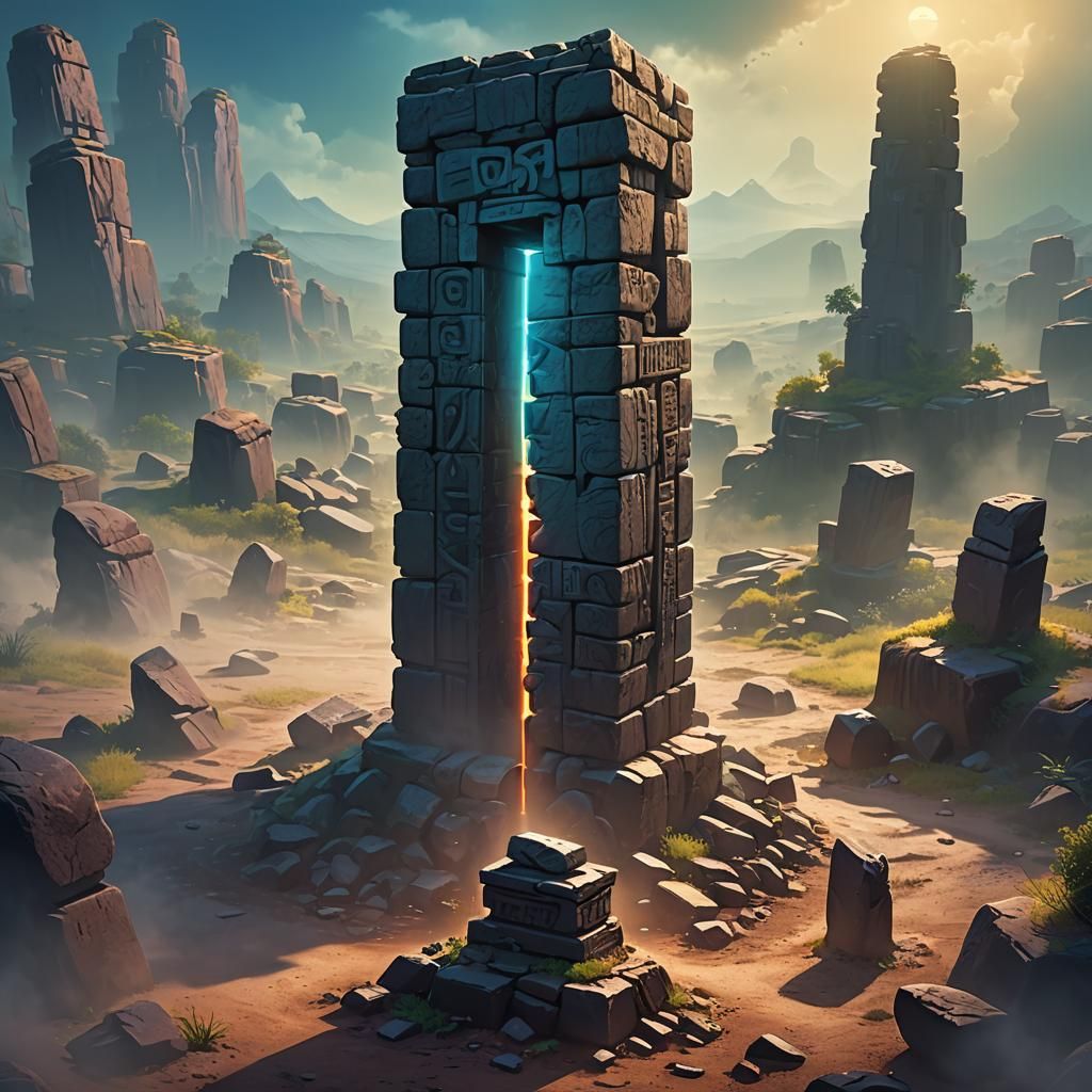 Mysterious Crossroads Pillar in Vibrant 3D Digital Art