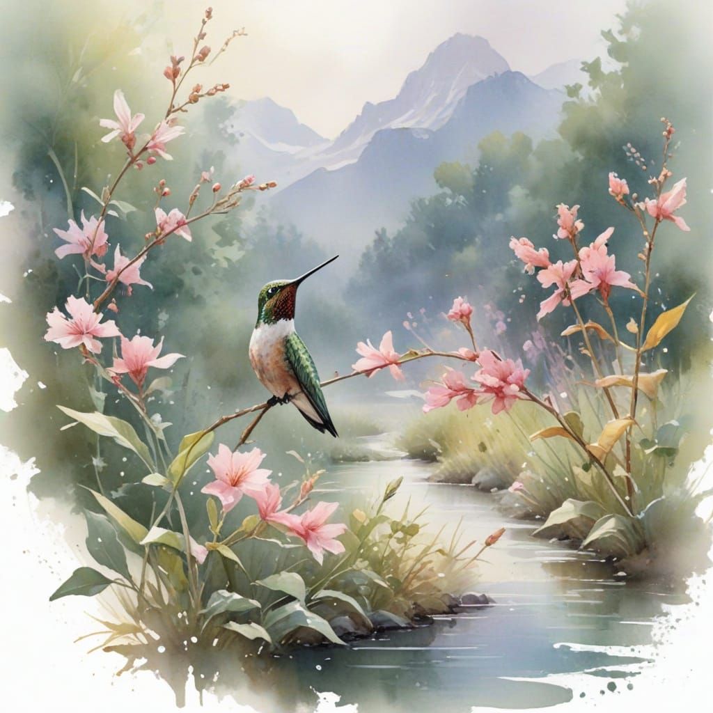 Hummingbird in Blooming Garden: Pastel Watercolor Art