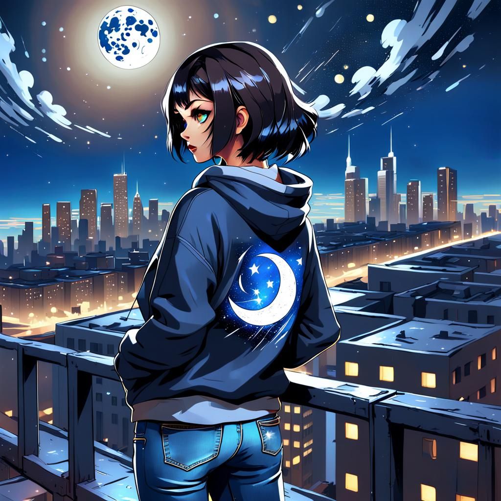 Girl Gazing at City Lights in Graffiti Art Style